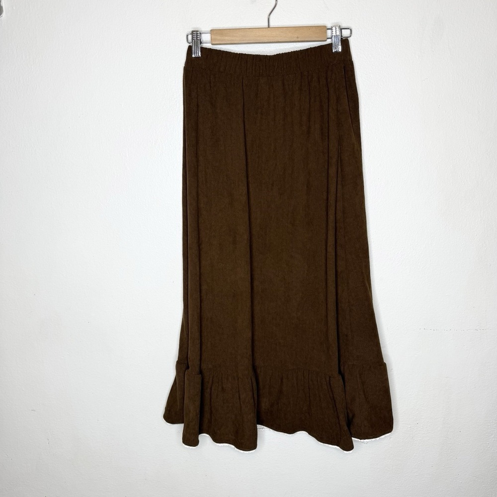 New Cider Brown Cordoury Lace Trim Western Maxi Skirt Rodeo Boho Womens Small